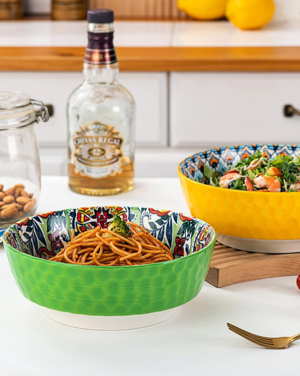 HENXFEN LEAD Large Salad Bowl Sets for Serving Pho, Ramen, Soup, Fruit, Snacks - 48 Oz Big Ceramic Bowls for Family, Kitchen Cooking, Dinner Party - Set of 2