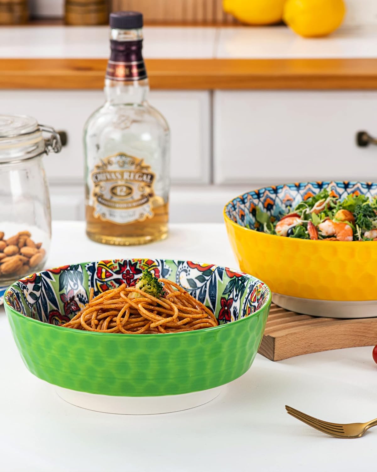 HENXFEN LEAD Large Salad Bowl Sets for Serving Pho, Ramen, Soup, Fruit, Snacks - 48 Oz Big Ceramic Bowls for Family, Kitchen Cooking, Dinner Party - Set of 2