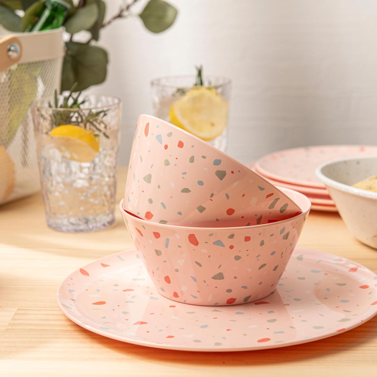 Bzyoo 12-Piece Melamine Dinnerware Set - Confetti Pink Plates and Bowl Lightweight BPA-Free Dishwasher Safe Dish Set for Indoor & Outdoor Use - Perfect for Camping, BBQs, Kids Parties