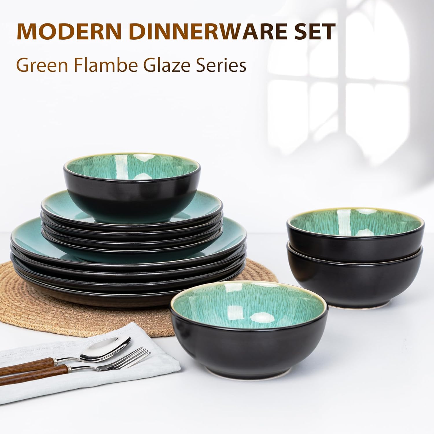Plates and Bowls Sets for 8 - CJDC-QUELO 32-Piece Stoneware Dinnerware Sets, Ceramic Dishware Set for Indoor Kitchen Use and Formal Dining, Chip and Scratch Resistant Microwave Dishwasher Safe, Green