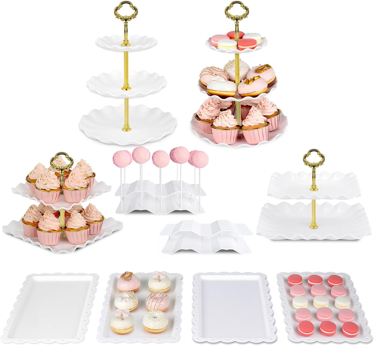Pack of 10 NWK Cake Stand, Cupcake Stand with 2x Large 2-Tier Cupcake Stands, 2x Large 3-Tier Cupcake Stands, 4 x Appetizer Trays, 2 x Cake Pop Stands for Birthday Baby Shower Party Decorations (Gold)