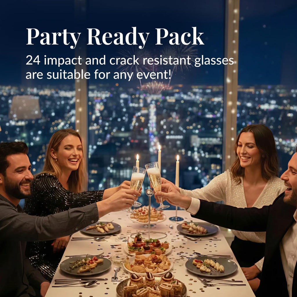 Prestee Set of 24 Clear Plastic Champagne Flutes - 4.5 oz Capacity Shatterproof Disposable Glasses - Suitable for Weddings, Cocktail Parties, and Outdoor Celebrations