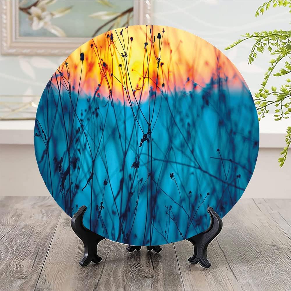 Ceramic Display Plate, Nature Ceramic Hanging Decorative Plate, Dried Flowers Twigs Tranquil Sunset Scenery, 10 Inch, Living Room Kitchen Decoration Household, Light Blue Peach Orange