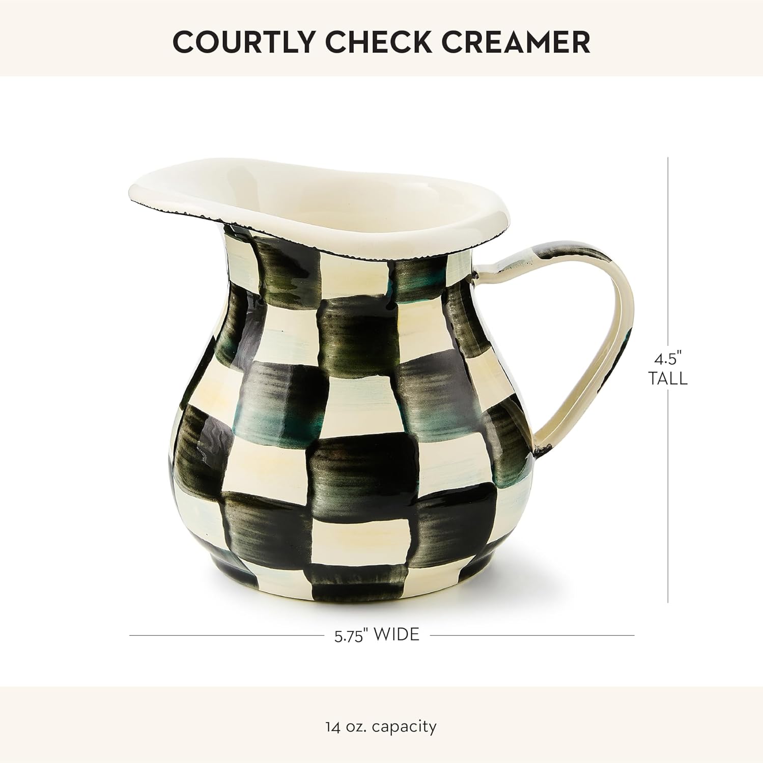 MACKENZIE-CHILDS Enamel Creamer, Creamer Dispenser with Pour Spout, Kitchen Enamelware, 14-Ounce Capacity, Black-and-White Courtly Check