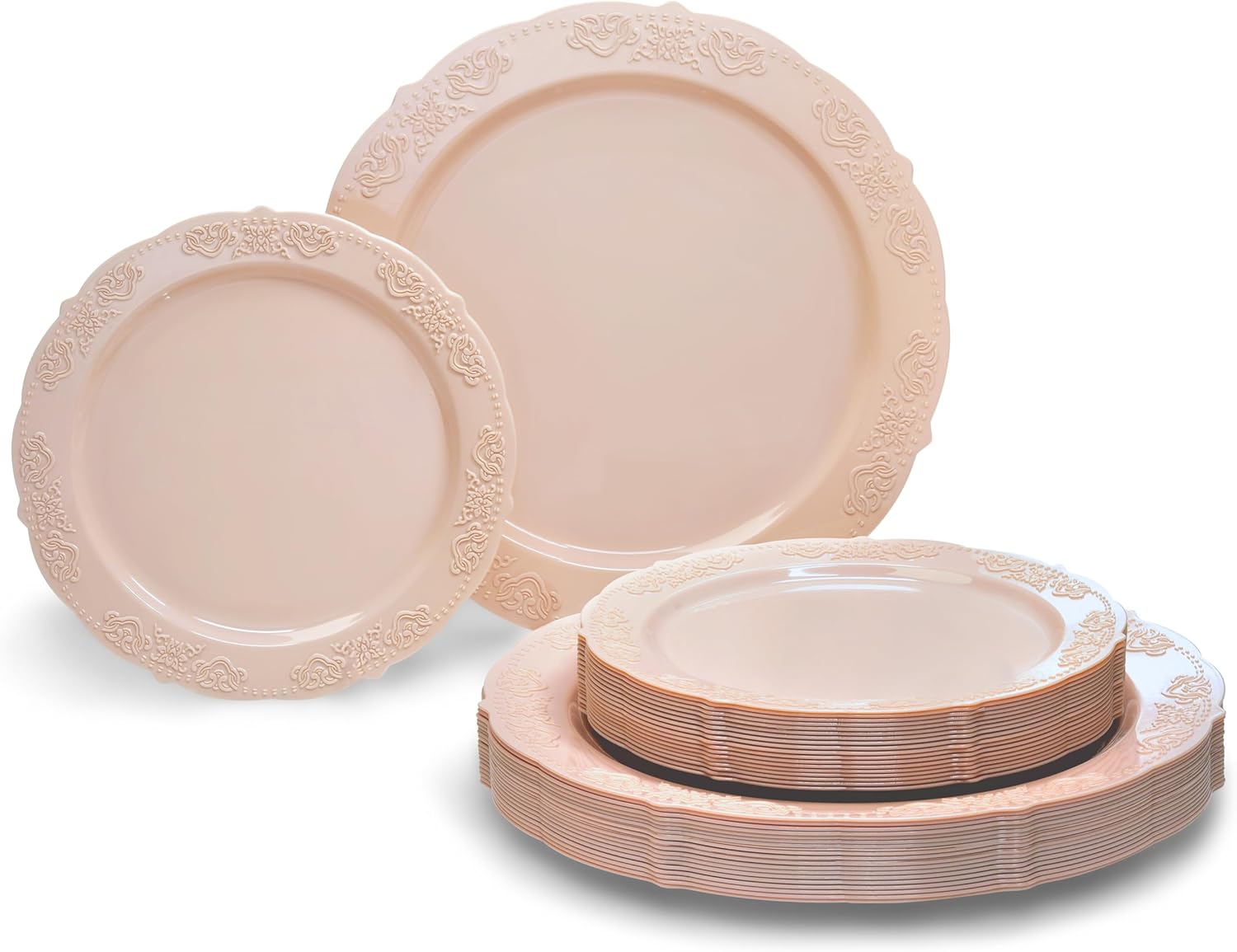 " OCCASIONS " 240 Plates Pack,(120 Guests) Vintage Wedding Party Disposable Plastic Plates Set-120x10.25'' Dinner +120x7.5'' Salad/Dessert Plate (Portofino in Blush/Antique Rose)