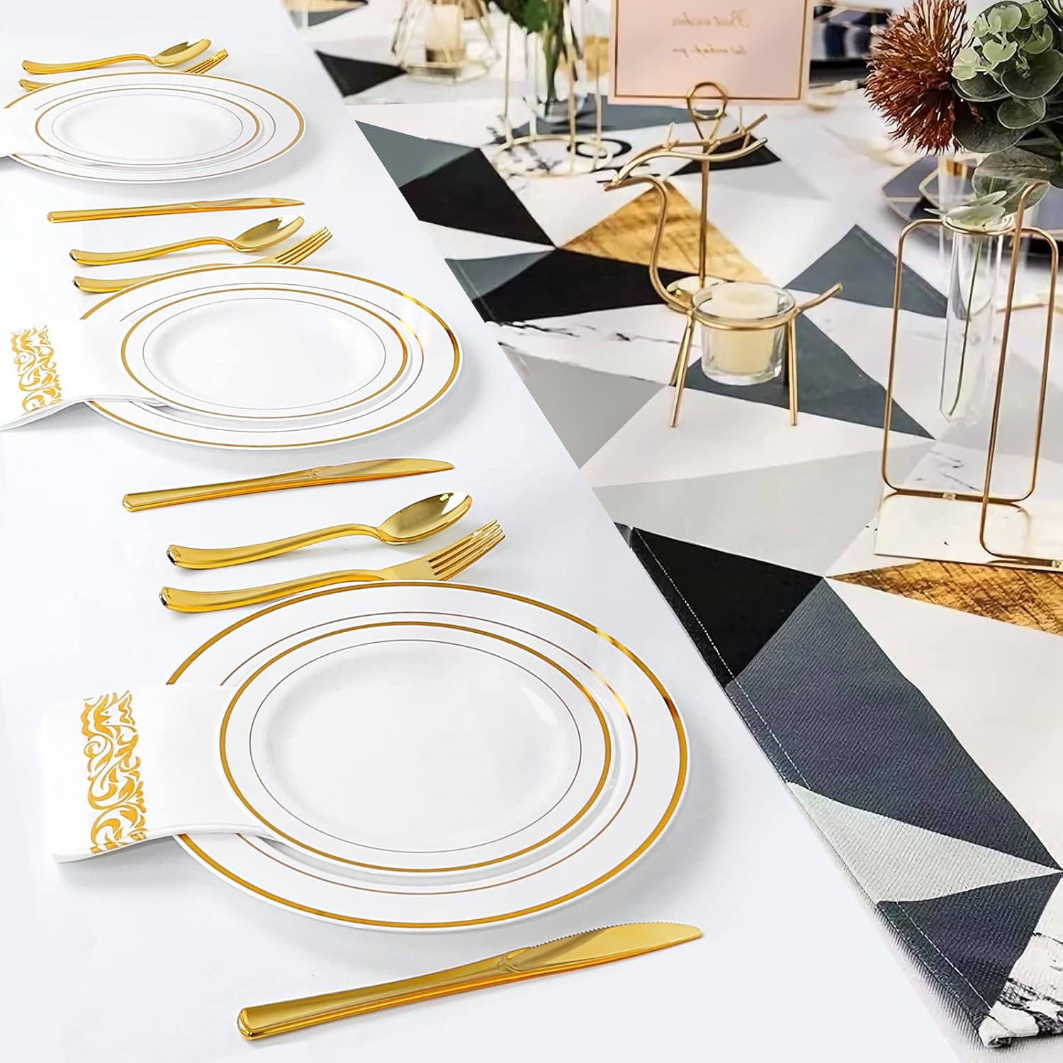 Gold Plastic Plates, MCIRCO 100 Pieces Disposable Party Plates for Weddings, Premium Gold Rim Plates, Include 50 10.25 Inch Dinner Plates and 50 7.5 Inch Dessert Appetizer Plates