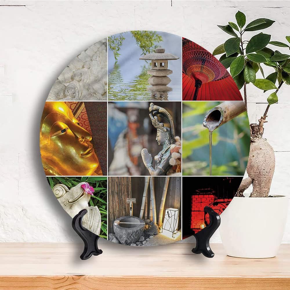 Decorative Plates, Nature Print Ornament, Flowers Clouds Mountain, 8 Inch, Kitchen Wall Decor, Multicolor