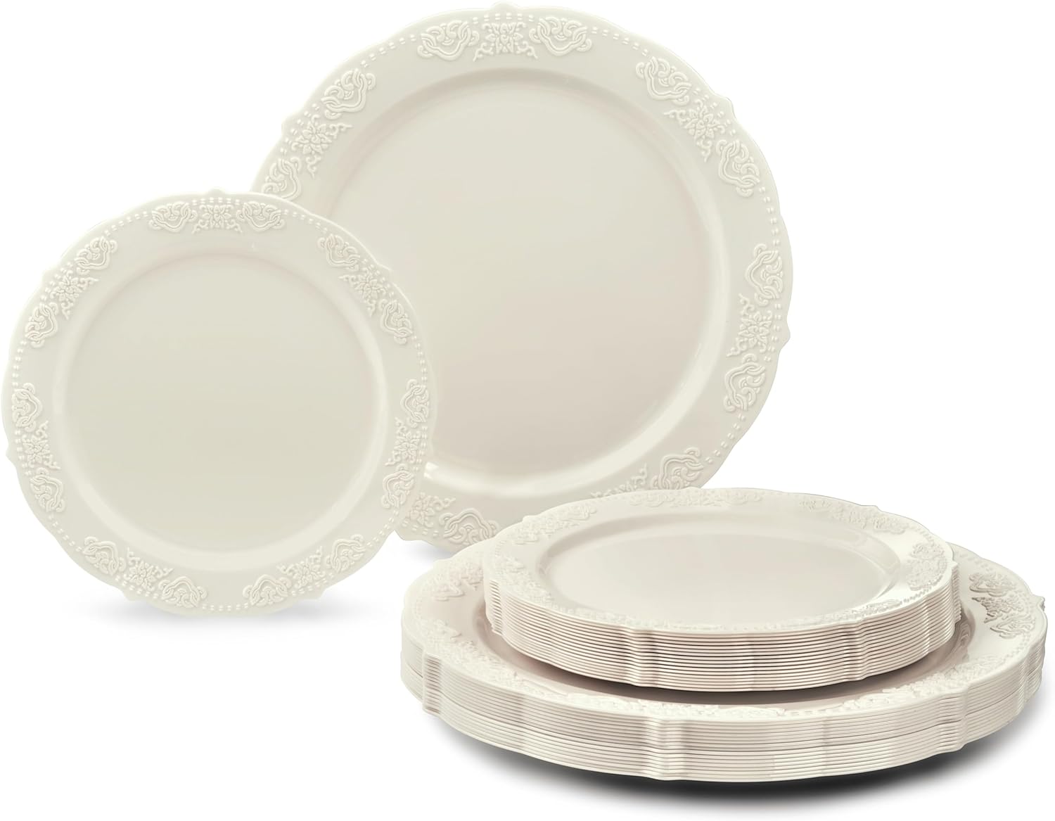 " OCCASIONS " 50 Plates Pack (25 Guests) Vintage Wedding Party Disposable Plastic Plate Set -25x10.25'' Dinner +25x7.5'' Salad/Dessert plates (Portofino Plain Ivory)
