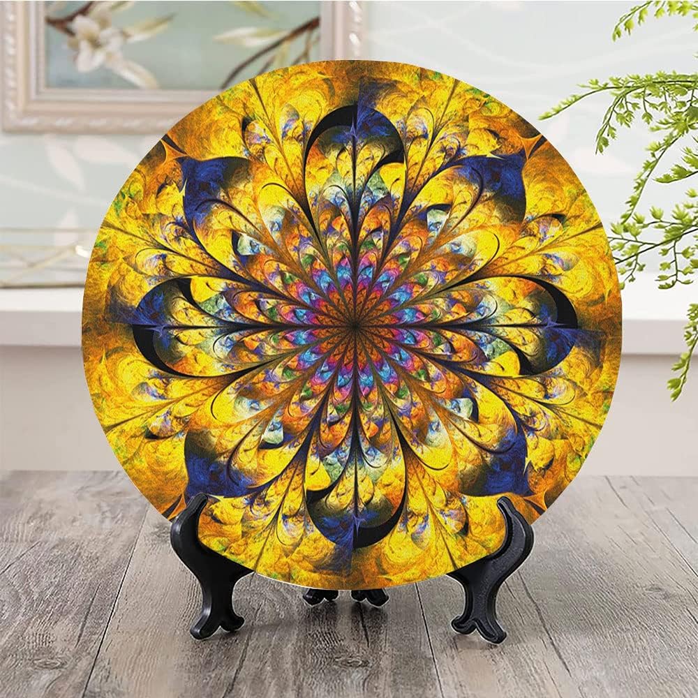 Ceramic Display Plate, Yellow and Blue Ceramic Hanging Decorative Plate, Mandala with Golden Floral Ornamental Psychedelic Fantasy, 10 Inch, Living Room Kitchen Decoration Household, Navy Gold