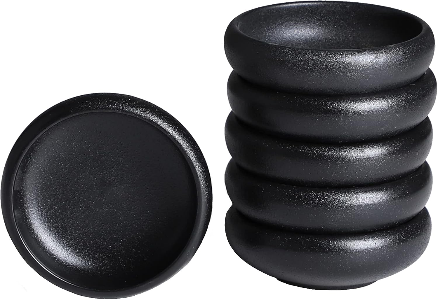 Uaral Soy Sauce Dishes Sushi Dipping Bowl Pinch Bowl Stoneware Black Small Serving Dish Set 3.75 Inch(4.5 oz,Texture Black)