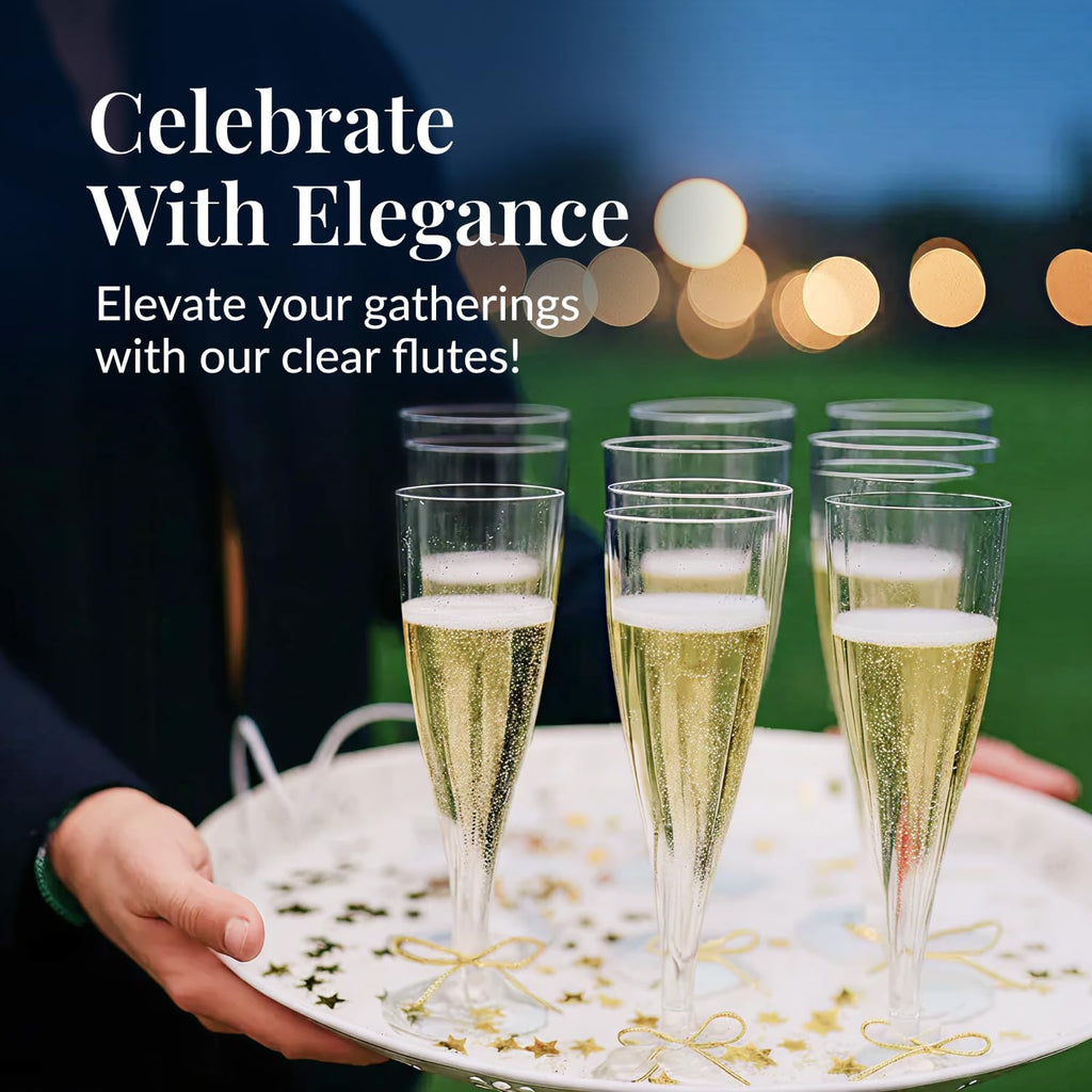 Prestee Set of 24 Clear Plastic Champagne Flutes - 4.5 oz Capacity Shatterproof Disposable Glasses - Suitable for Weddings, Cocktail Parties, and Outdoor Celebrations