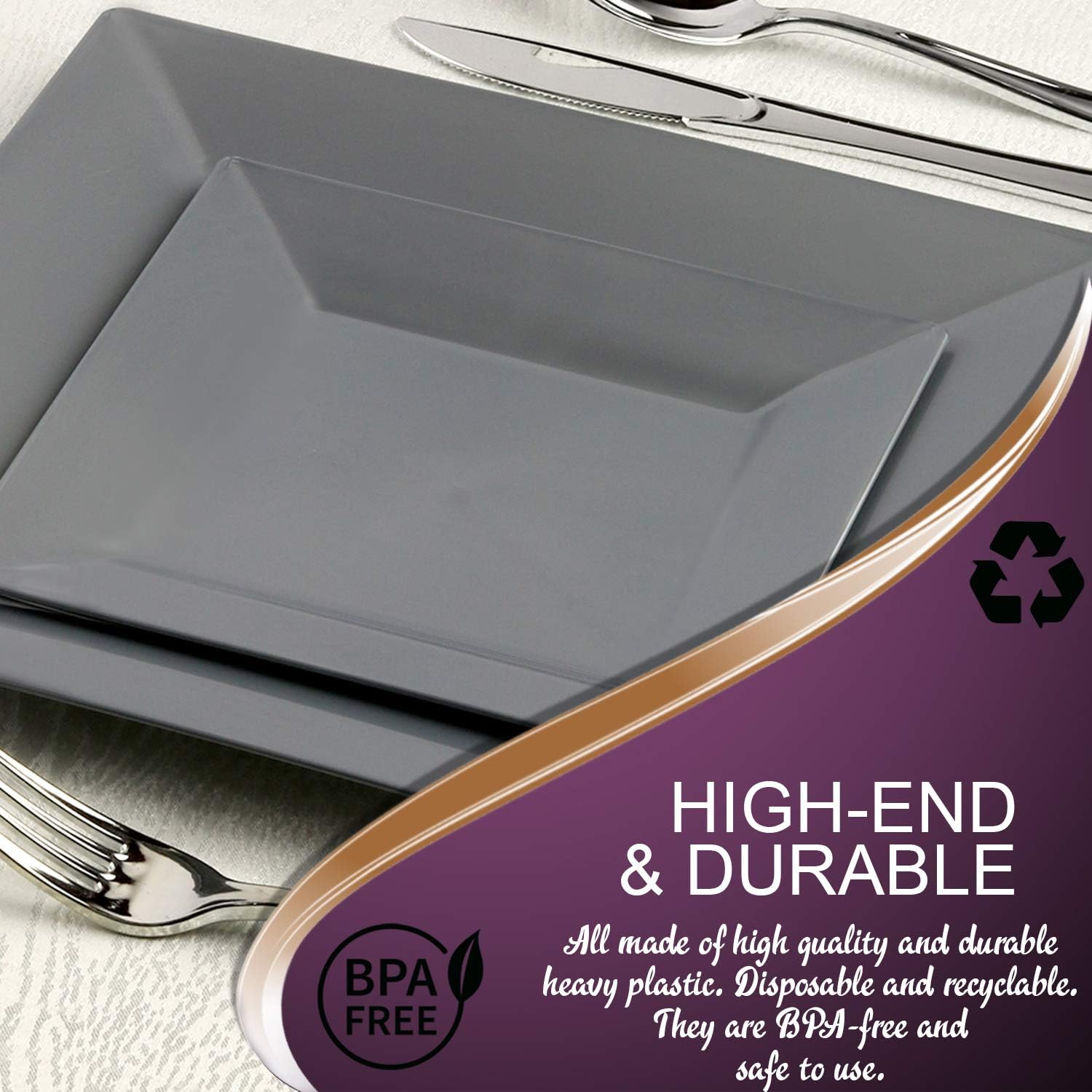 Disposable Plastic Dessert Plates -120 Plates -Heavy Duty Square Silver Salad Plates- 6.5" Appetizer Cake Plates Bulk Party Supplies For All Occasions