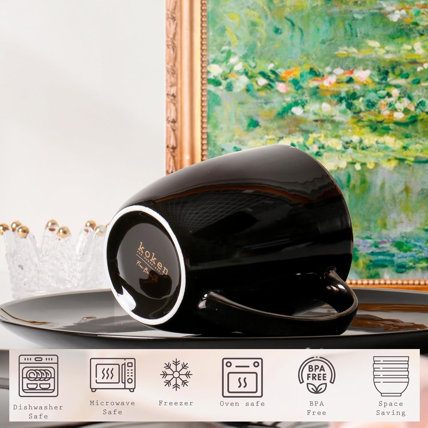 KOKEN Porcelain Dinnerware Set - 16 Pc Round Dinner Set with Mugs, Microwave Safe