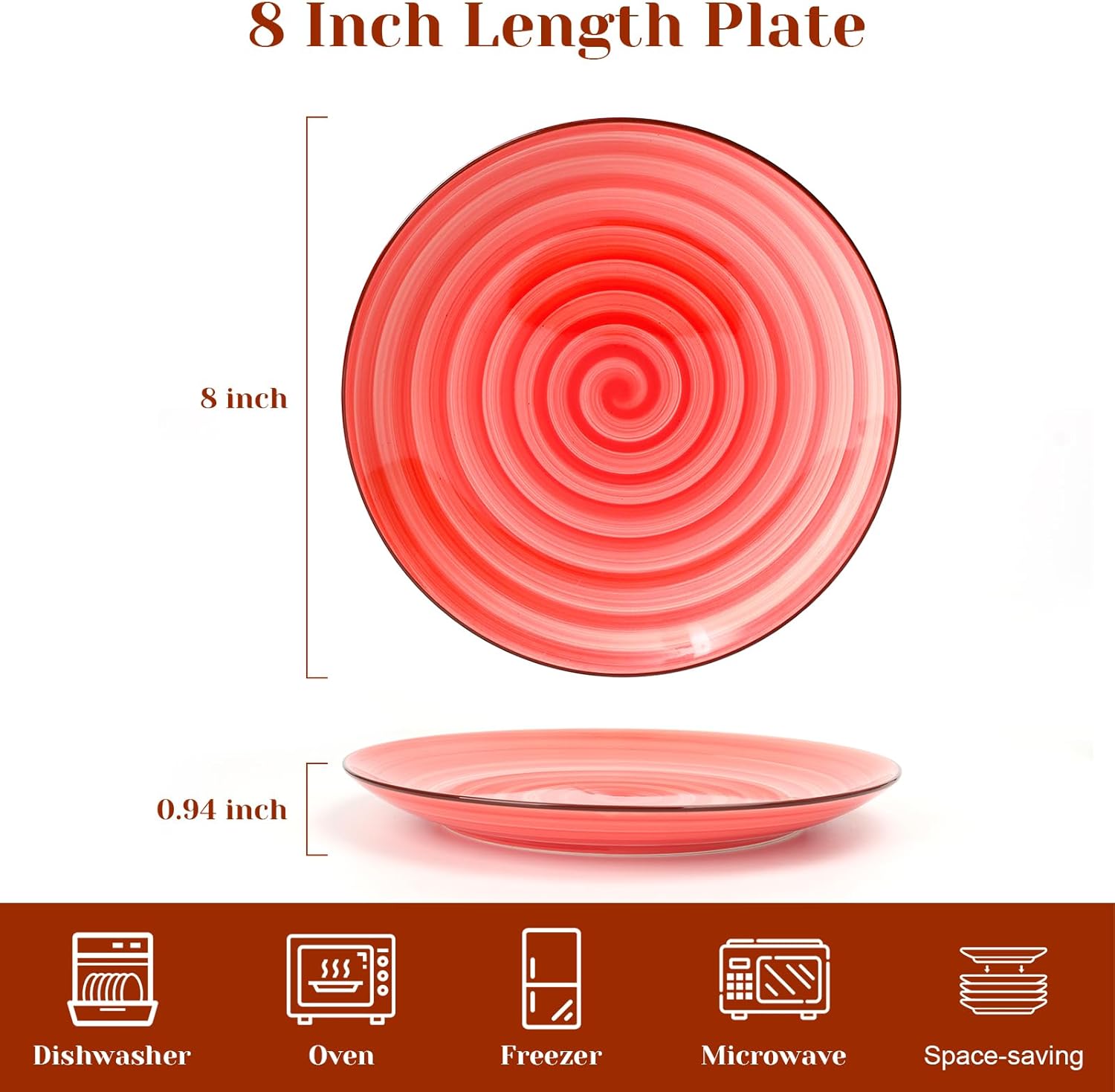 KitchenTour Ceramic Dinner Plates, 8 Inch Colorful Salad Plates Set of 6, Serving Plates for Dessert, Pasta, Steak, Dishwasher and Microwave Safe