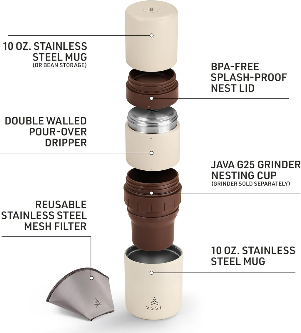 VSSL - Nest Pour Over Coffee Kit + Java G25 Bean Grinder Bundle | Coffee for Camping | Pour Over Dripper | Two 10oz Stainless Steel Travel Mugs | Cream/Bronze