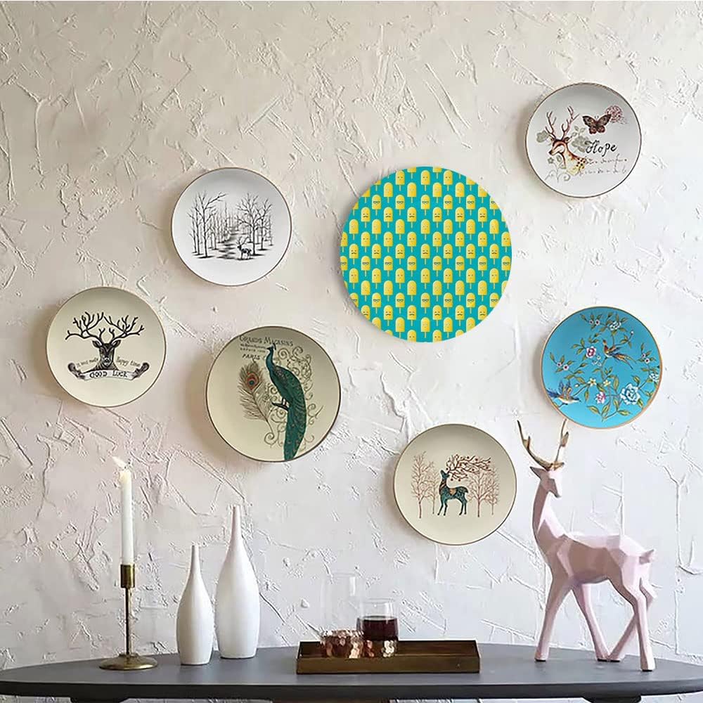 Ceramic Plates, Yellow and Blue Decorative Ceramic Plates, Lemon Flavor Ice Cream with Face Glasses and, 7 Inch, Household Plates Decorative, Teal Yellow