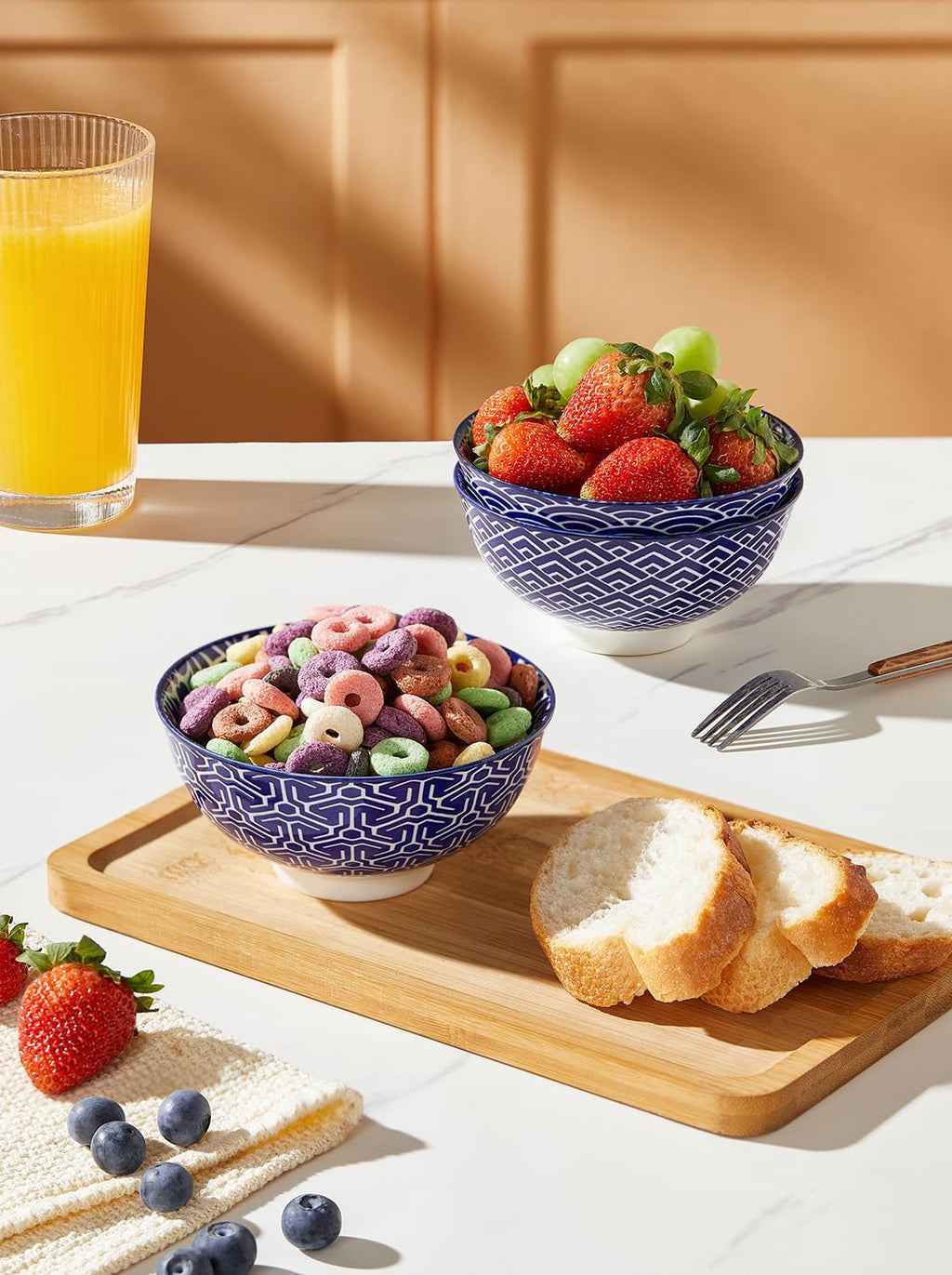 Blue and White Bowls, Ceramic Dessert Bowls 10 Oz, Porcelain Bowl Set for Ice Cream, Decorative Bowls for Snack Soup Condiments, Side Dishes, Set of 6