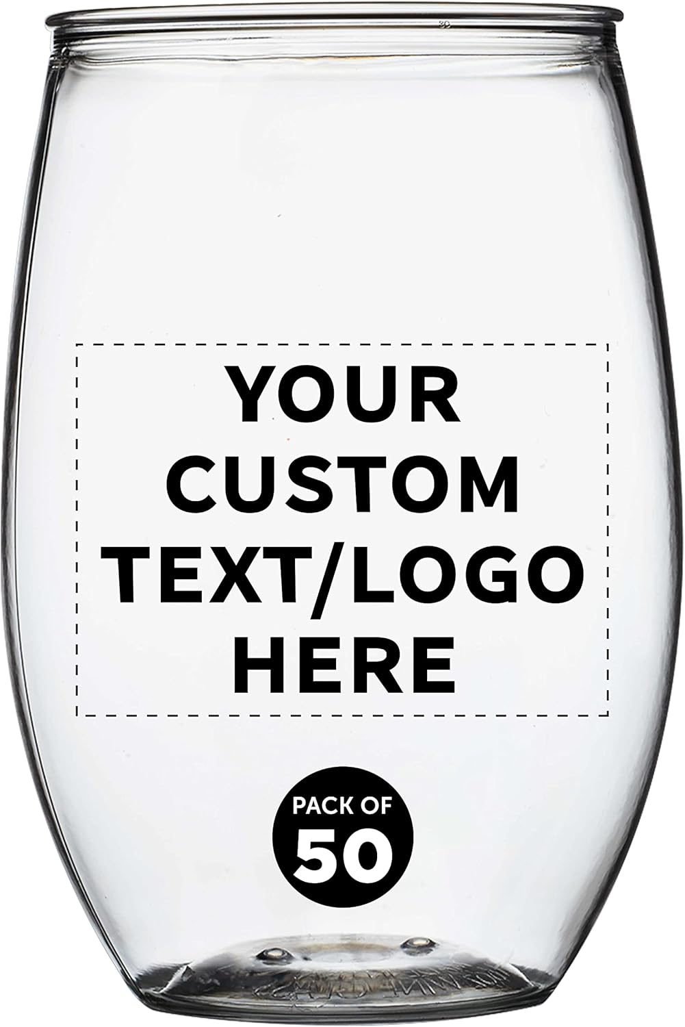 Custom Plastic Stemless Wine Glasses 16 oz. Set of 50, Personalized Bulk Pack - BPA Free, Great for Outdoor Lounges, Poolside, Parties and Other Events - Clear
