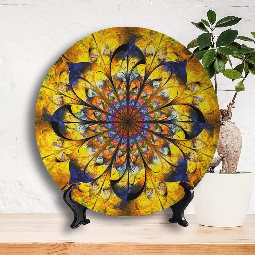 Ceramic Plates, Yellow and Blue Decorative Ceramic Plates, Mandala with Golden Floral Ornamental Psychedelic Fantasy, 8 Inch, for Dining, Parties, Wedding, Navy Gold