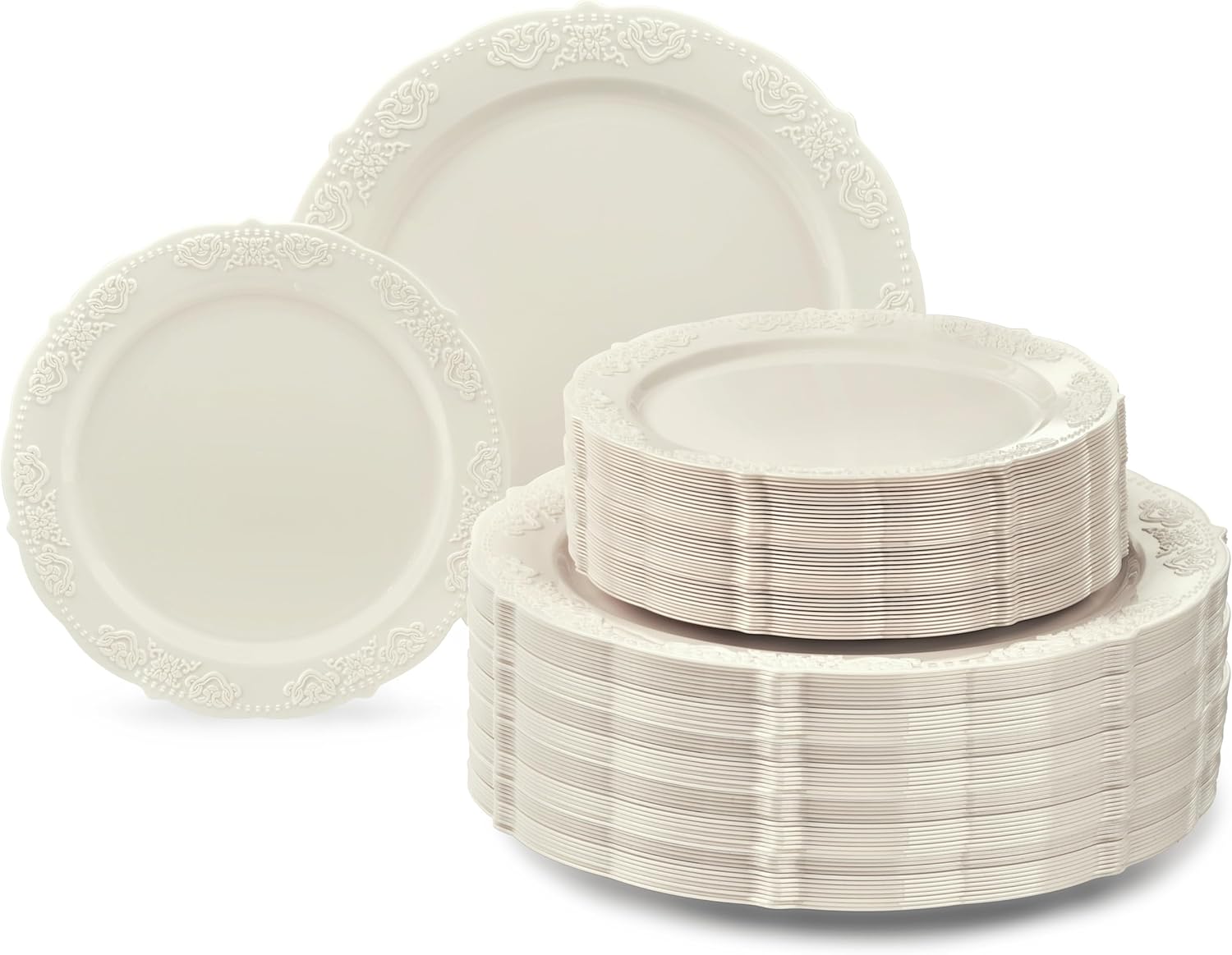 " OCCASIONS " 240 Plates Pack,(120 Guests) Vintage Wedding Party Disposable Plastic Plates Set -120 x 10.25'' Dinner + 120 x 7.5'' Salad / Dessert Plate (Portofino Ivory)