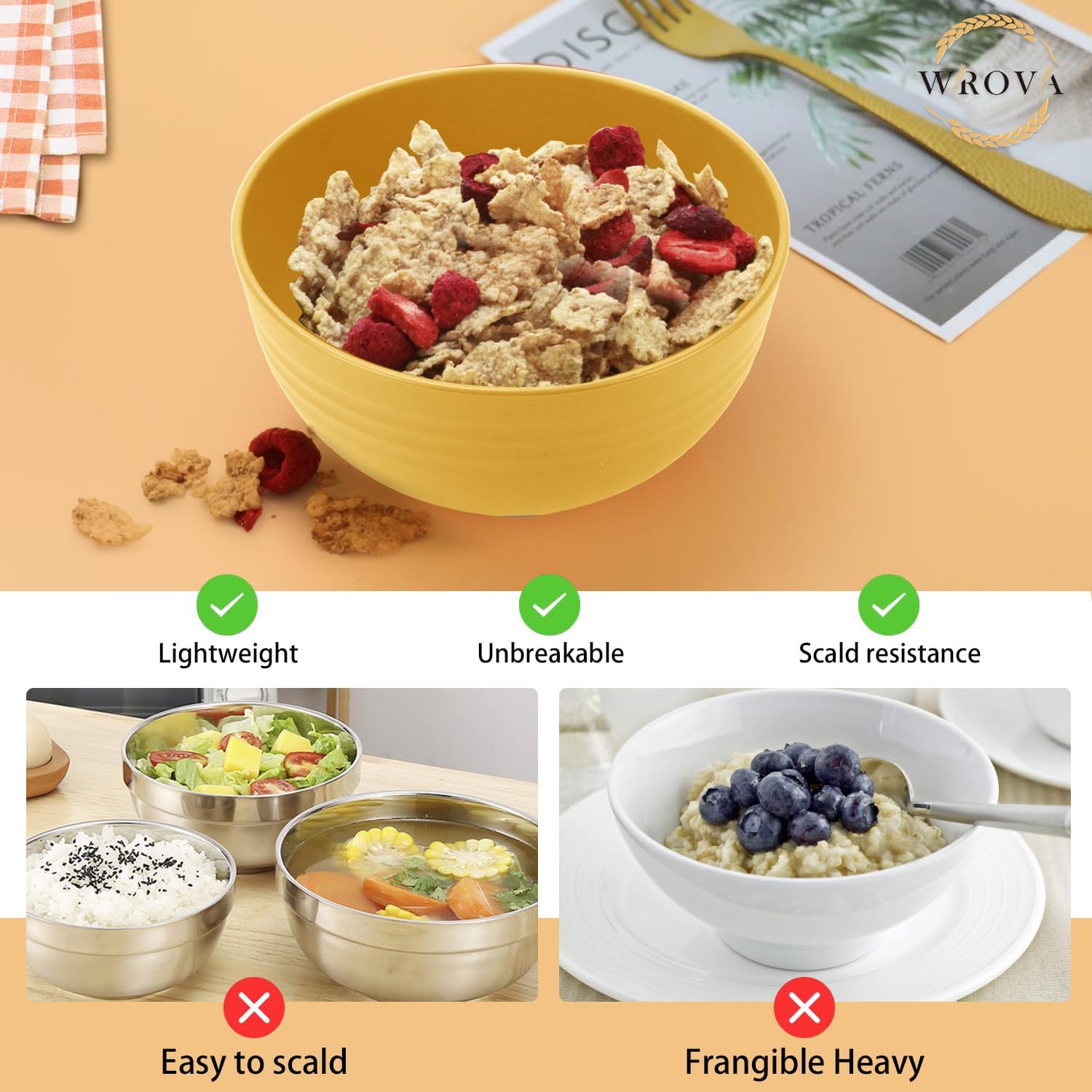 Wheat Straw Bowl Set of 8, Unbreakable Cereal Bowls 26 OZ,Freezer and Dishwasher Safe Bowl Sets,Breakfast Bowls suitable for cereal,salad,snack and soup (Yellow)