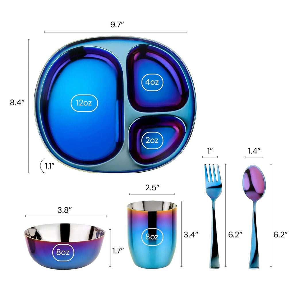 Ahimsa Stainless Steel Kids Dinnerware Set, Pediatrician Designed, 5 Piece Toddler Plates and Bowls Set, Stainless Steel Divided Plate, Cup and Kids Utensils, Blue