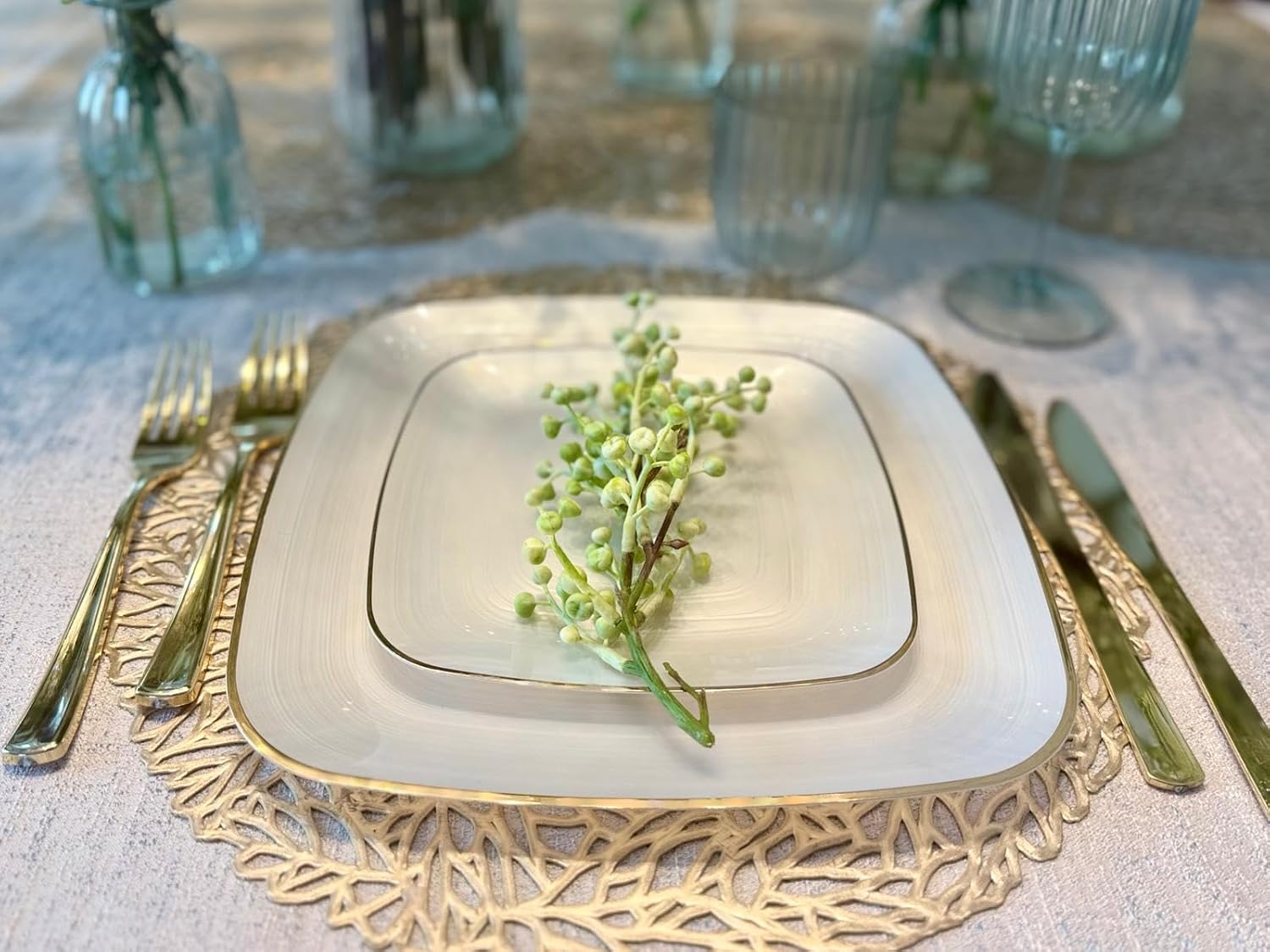 " OCCASIONS " 120 Pieces Pack,(60 Guests) Premium Wedding Party Disposable Plastic Plates Set -60 x 10'' Dinner + 60 x 7'' Salad/Dessert (Belize Square in Ivory & Gold)