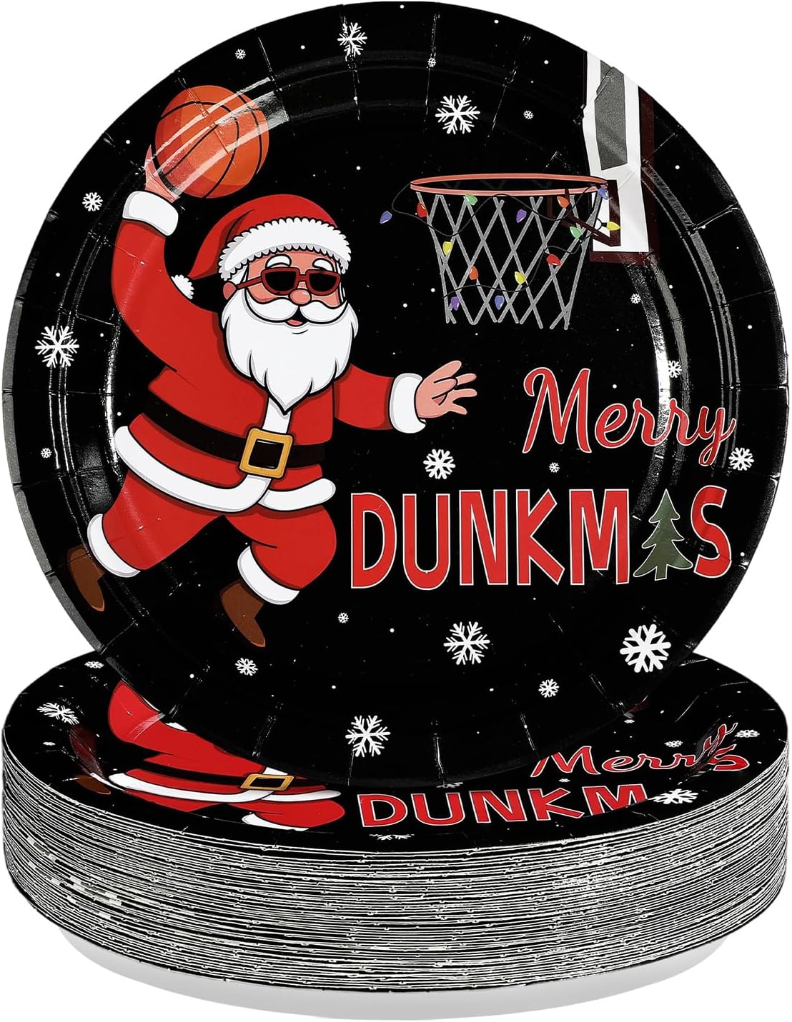 50Pcs Christmas Basketball Paper Plates 9''Heavy Duty Merry Dunkmas Santa Claus Basketball Disposable Plates Christmas Ugly Dessert Plate for Funny Xmas Holiday Basketball Fans Party Decorations