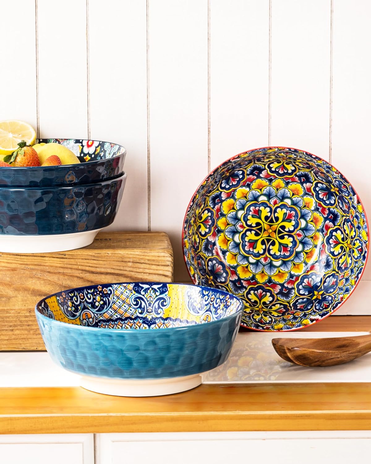 HENXFEN LEAD Large Salad Bowl Sets for Serving Pho, Ramen, Soup, Fruit, Snacks - 48 Oz Big Ceramic Bowls for Family, Kitchen Cooking, Dinner Party - Set of 2