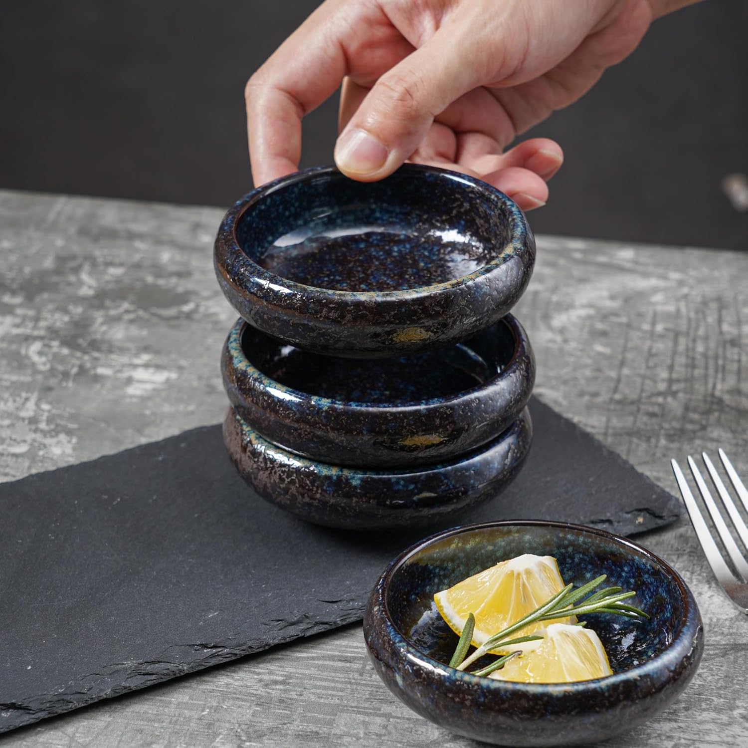 Uaral Soy Sauce Dishes Sushi Dipping Bowl Pinch Bowl Stoneware Small Serving Dish Set 3.75 Inch(4.5 oz,Nebula Blue)