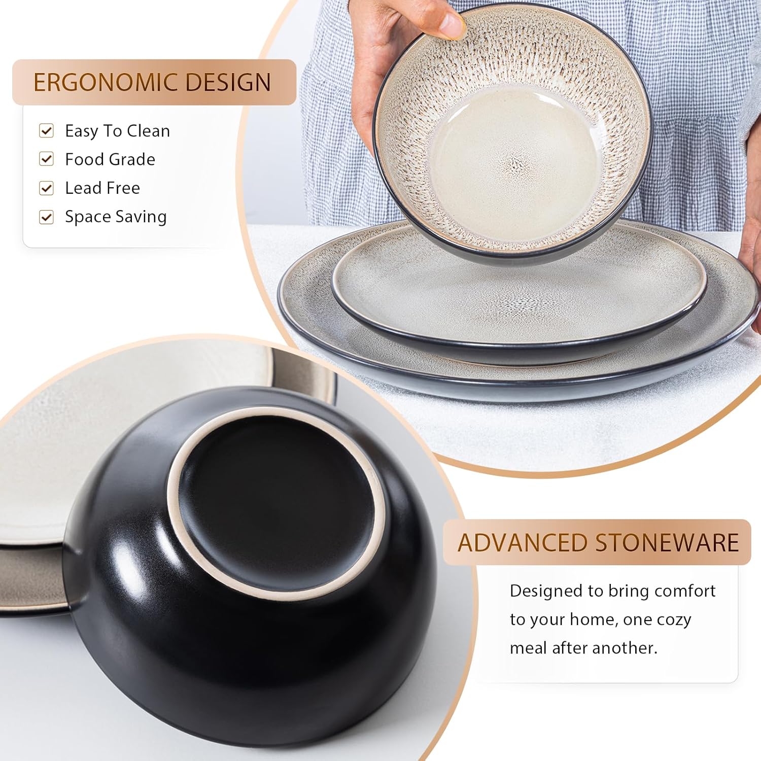 Plates and Bowls Sets for 4 - CJDC-QUELO 16-Piece Stoneware Dinnerware Sets, Ceramic Dishware Set for Kitchen Use and Formal Dining, Chip and Scratch Resistant Microwave Dishwasher Safe, Brown