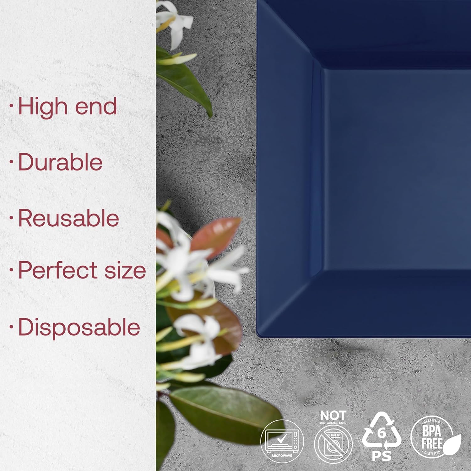 Smarty Had A Party Disposable Plastic Dessert Plates, 6.5" Heavy Duty Square Blue Salad Plates for Appetizers, Cakes, and Events, Bulk Supplies for All Occasions (120 Count)