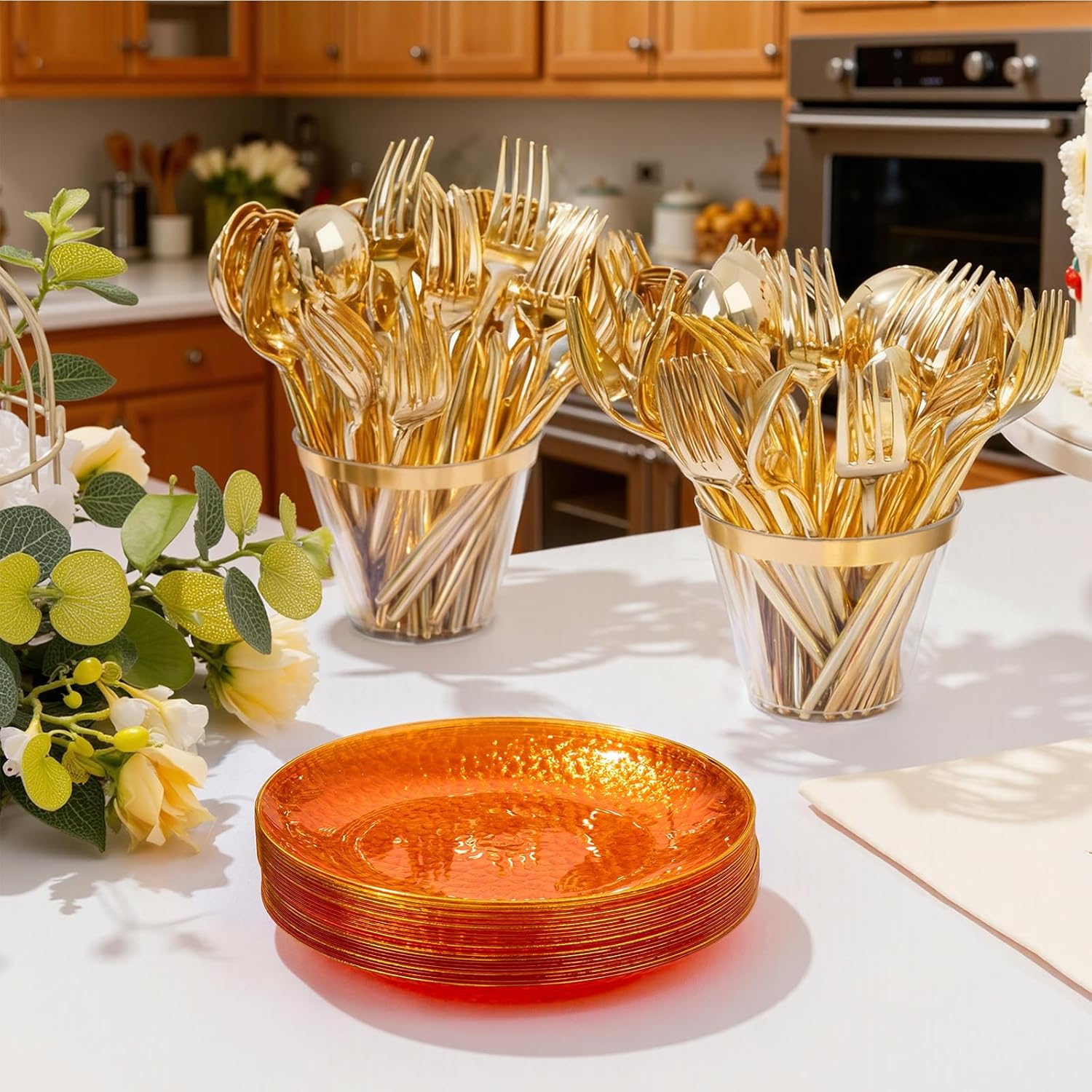 Rubtlamp 100Pcs Orange Gold Thanksgiving Plastic Dessert Plates, 6Inch Small Hammered GoId Disposable Cake Plates, Hard Appetizer Plates, Fancy Plastic Plates for Party Wedding Teatime