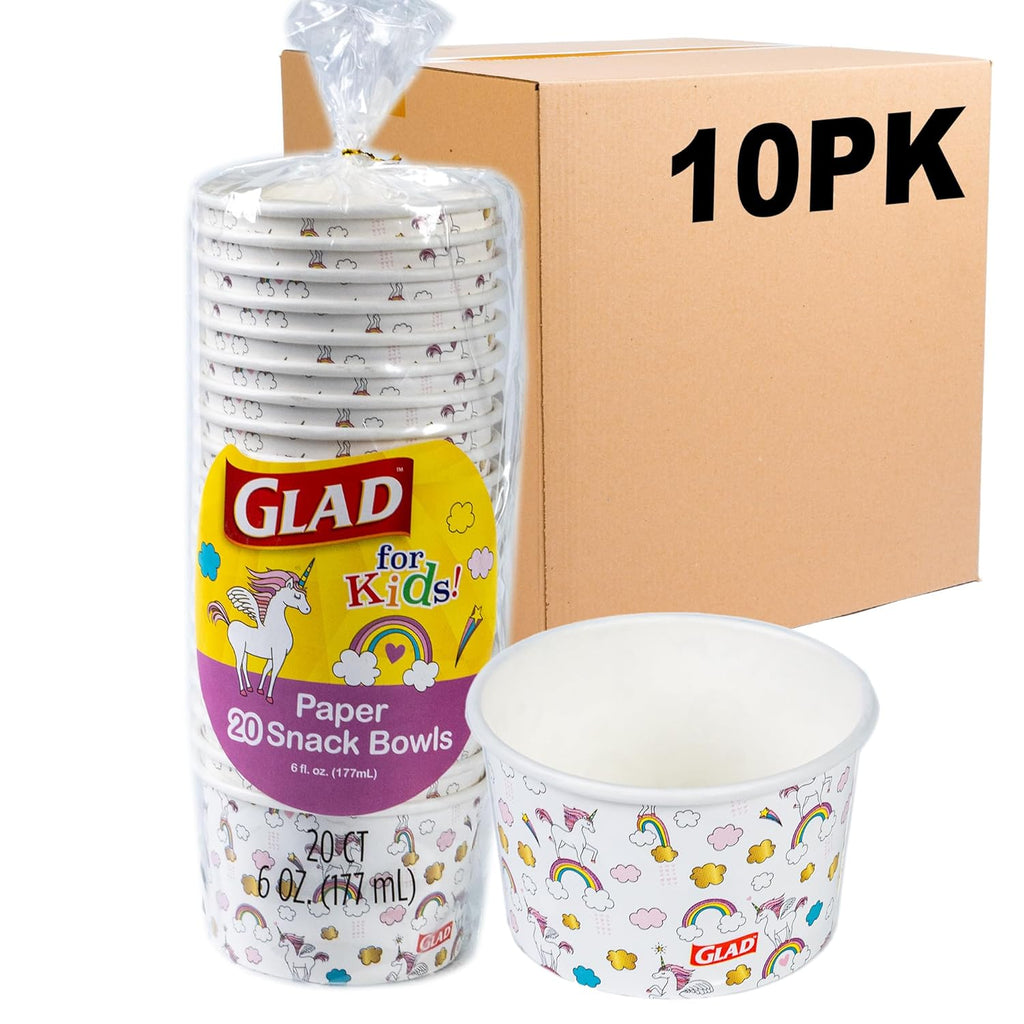 Glad for Kids Unicorn Paper MINI Snack Bowls, Lids Not Included - Heavy Duty Disposable Snack Cups with Unicorns for Kids 6 Ounces, 20 Count - 10 Pack