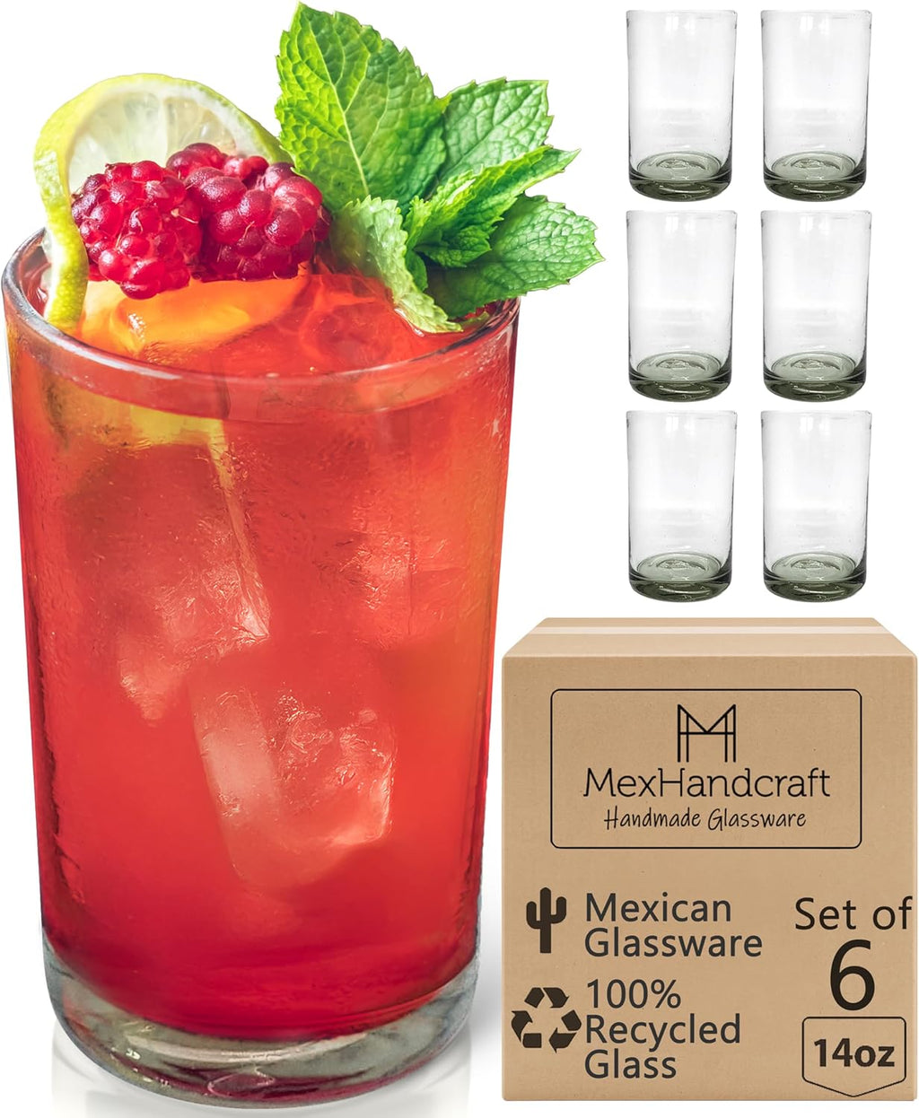Clear 14 oz Drinking Glasses (set of 6), Hand Blown Mexican Glassware, Recycled Glass Drinking Glasses, Lead-Free, Cocktail Margarita Glasses, Wine Glasses, Shot Glasses, Whiskey Glasses (Drinking)