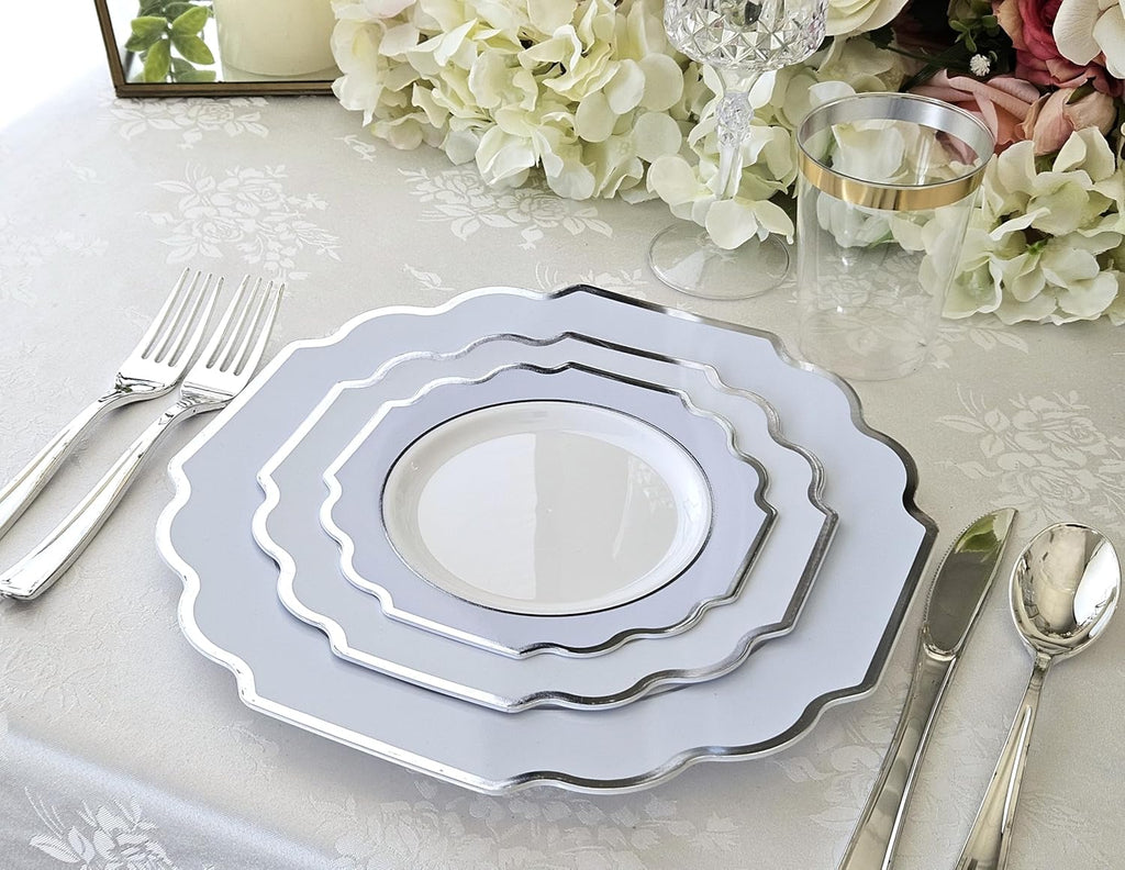 " OCCASIONS " 120 Plates Pack,(60 Guests) Heavyweight Premium Wedding Party Disposable Plastic Plates Set -60 x 10.5'' Dinner + 60 x 8'' Salad/Dessert (Imperial in White/Blue & Silver)
