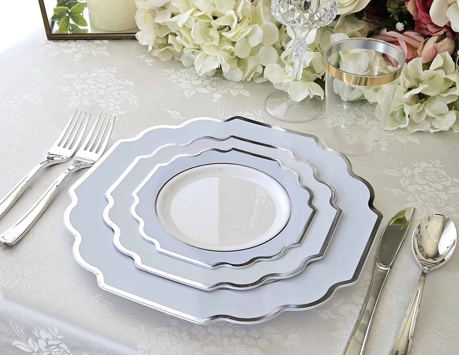 " OCCASIONS " 150 Piece set (25 Guests)-Wedding Plastic Plates & cutlery -Disposable heavyweight Dinnerware 10.5'',8''+Silverware w/double fork (Imperial in White/Baby Blue & Silver)