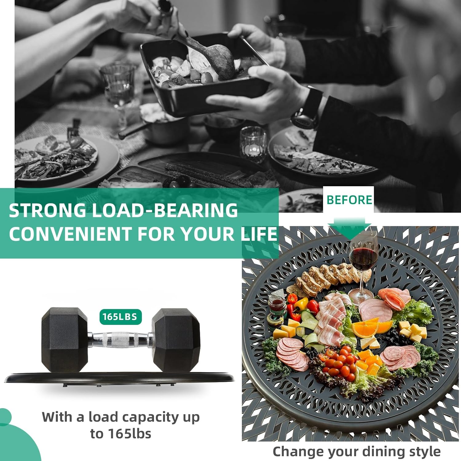 VIVIJASON 35.4" Cast Aluminum Lazy Susan Turntable, 360° Large Rotating Display Tray with Silent Bearings, Round Table Top Swivel Serving Plate with 2" Umbrella Hole for Outdoor Dining Table