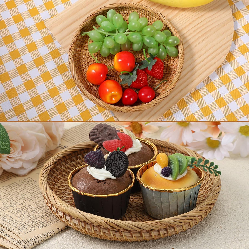 Rattan Bread Baskets Woven Fruit Bowls, 7.5" Round Natural Woven Wicker Basket Picnic Snack Vegetable Bowls Wicker Trays Candy Bowl for Office Kitchen Keys Entryway Organization Handwoven Decor