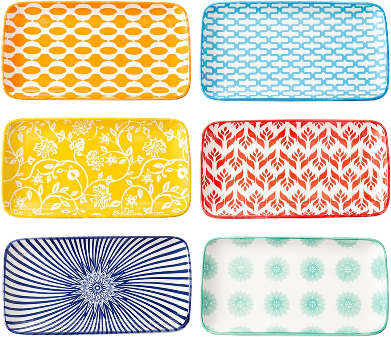 Rectangle Serving Plates Set - 8.1" x 4.5" Ceramic Rectangular Salad Platters - Microwave & Oven Safe - Porcelain Dinner Dishes for Sushi, Appetizers, Dessert - Set of 6 - Assorted Colors