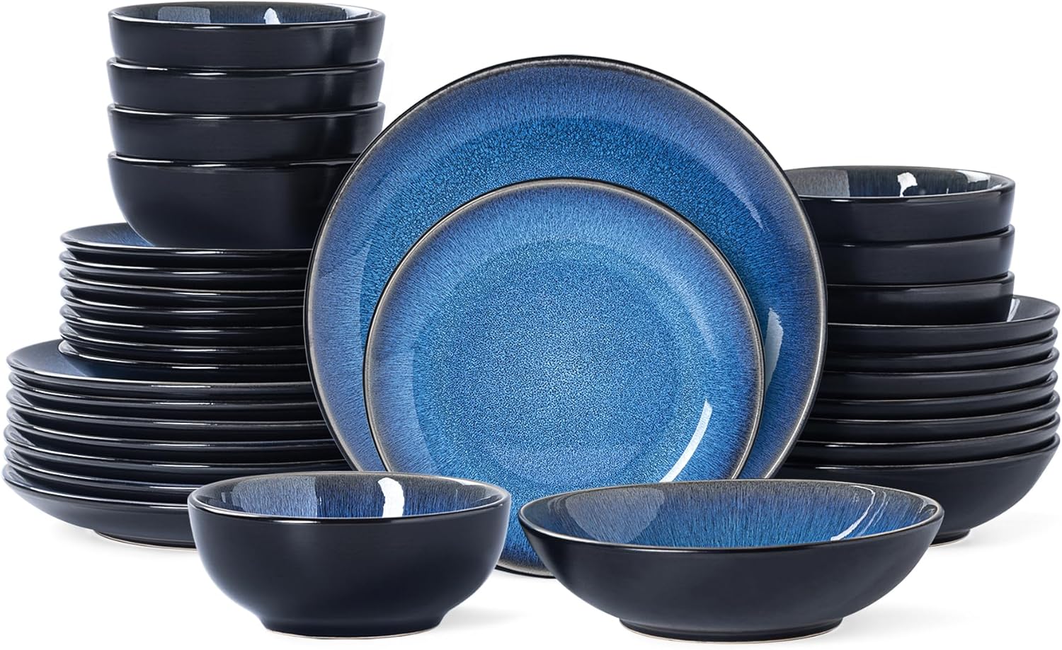 Plates and Bowls Sets for 8 - CJDC-QUELO 32-Piece Stoneware Dinnerware Sets, Ceramic Dishware Set for Indoor Kitchen Use and Formal Dining, Chip and Scratch Resistant Microwave Dishwasher Safe, Blue