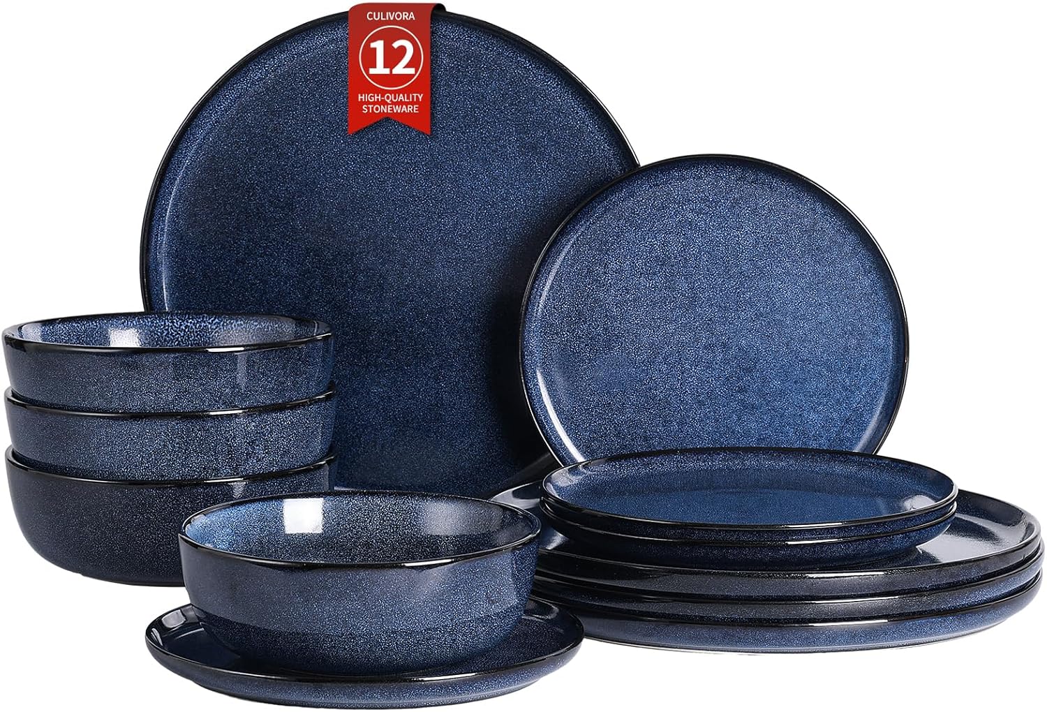 Ceramic Plates and Bowls Sets: 12 Piece Porcelain Dinnerware Sets, Stoneware Kitchen Dishes Set for 4, Scratch Resistant Plate Set, Microwave Dishwasher Oven Safe, Reactive Glaze (Blue)