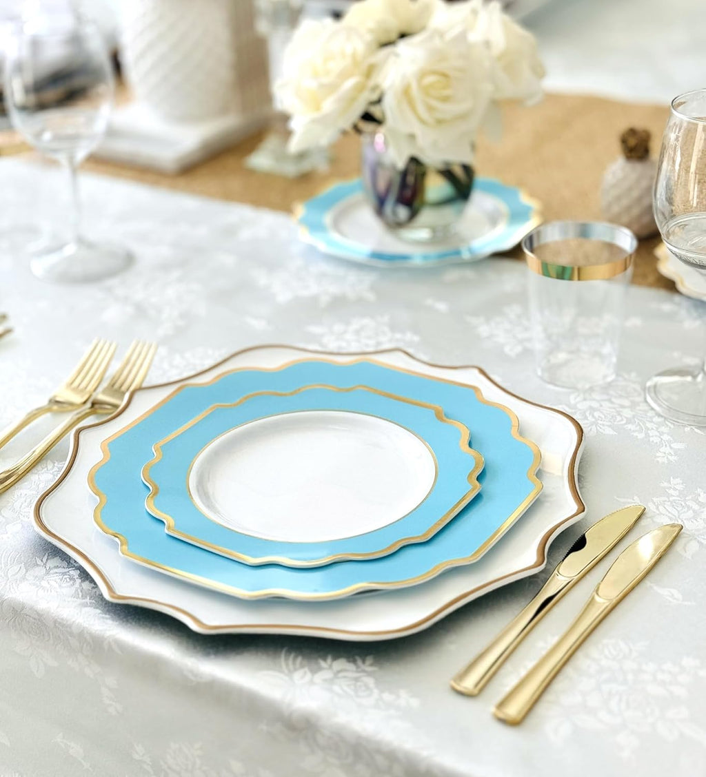 " OCCASIONS " 120 Plates Pack,(60 Guests) Heavyweight Wedding Party Disposable Plastic Plates -60 x 10.5'' Dinner + 60 x 8'' Salad/Dessert Plate (Imperial Aqua/Gold))