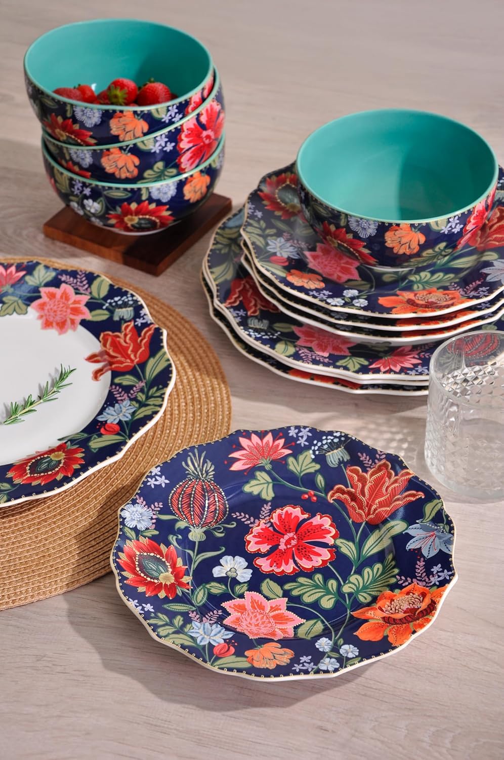 222 Fifth 12-Piece Porcelain Dinnerware Set for 4, White & Parisian Blue Plates and Bowls Set with Gold Rim, Glossy Ceramic Dish Set with Detailed Floral Design, Microwave & Dishwasher Safe, Chintz