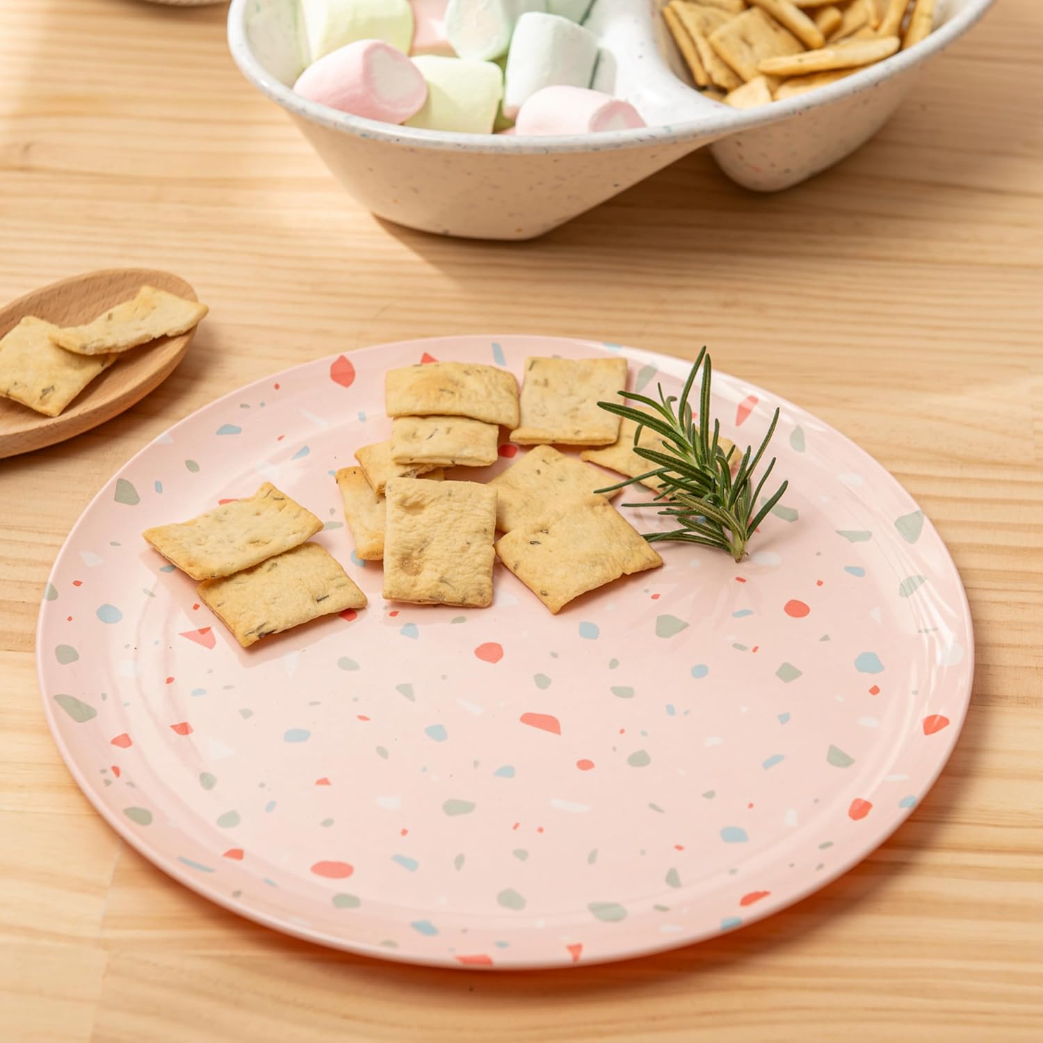 Bzyoo 12-Piece Melamine Dinnerware Set - Confetti Pink Plates and Bowl Lightweight BPA-Free Dishwasher Safe Dish Set for Indoor & Outdoor Use - Perfect for Camping, BBQs, Kids Parties