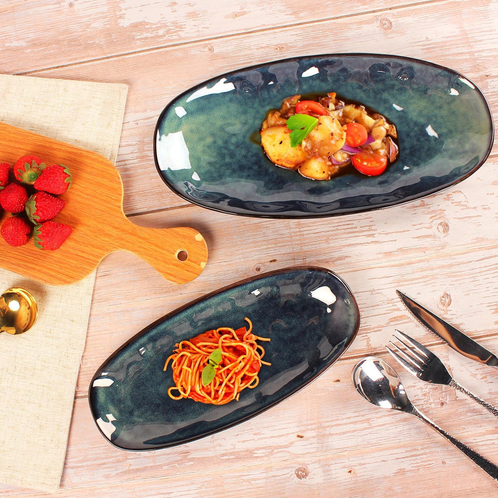 Ceramic Serving Platters - Set of 4 Oval Salad Plates for Entertaining, Modern Kitchen Dishes for Dinner, Fruit, Salad, Serving Trays, Oval Plates, 13.6 Inch