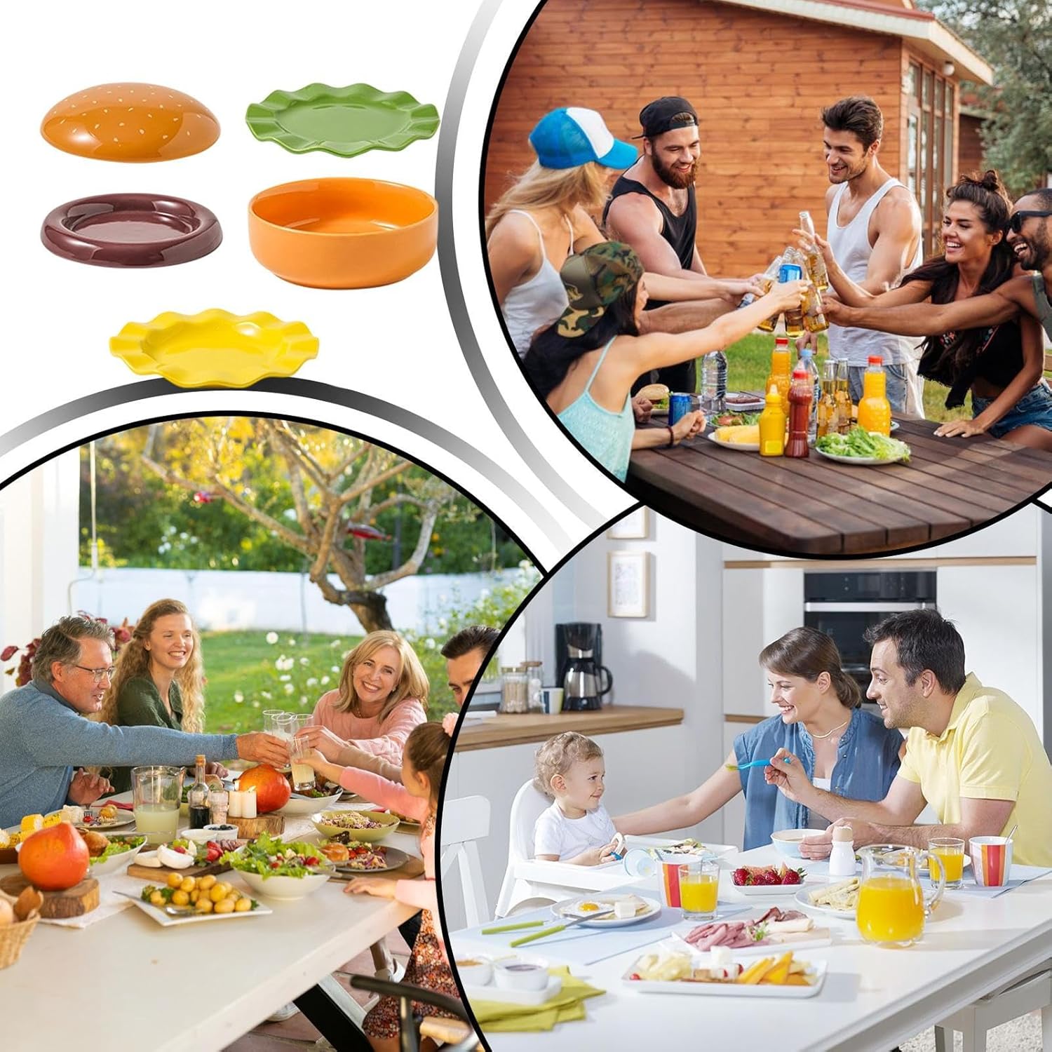 Burger Plate Set Ceramic Stackable Dinnerware, Cute Appetizer Plates for Party Hosts, Event Planners, Home Cooks, Family Dinner, Outdoor Picnic, Birthday, Barbecue, and Casual Gatherings