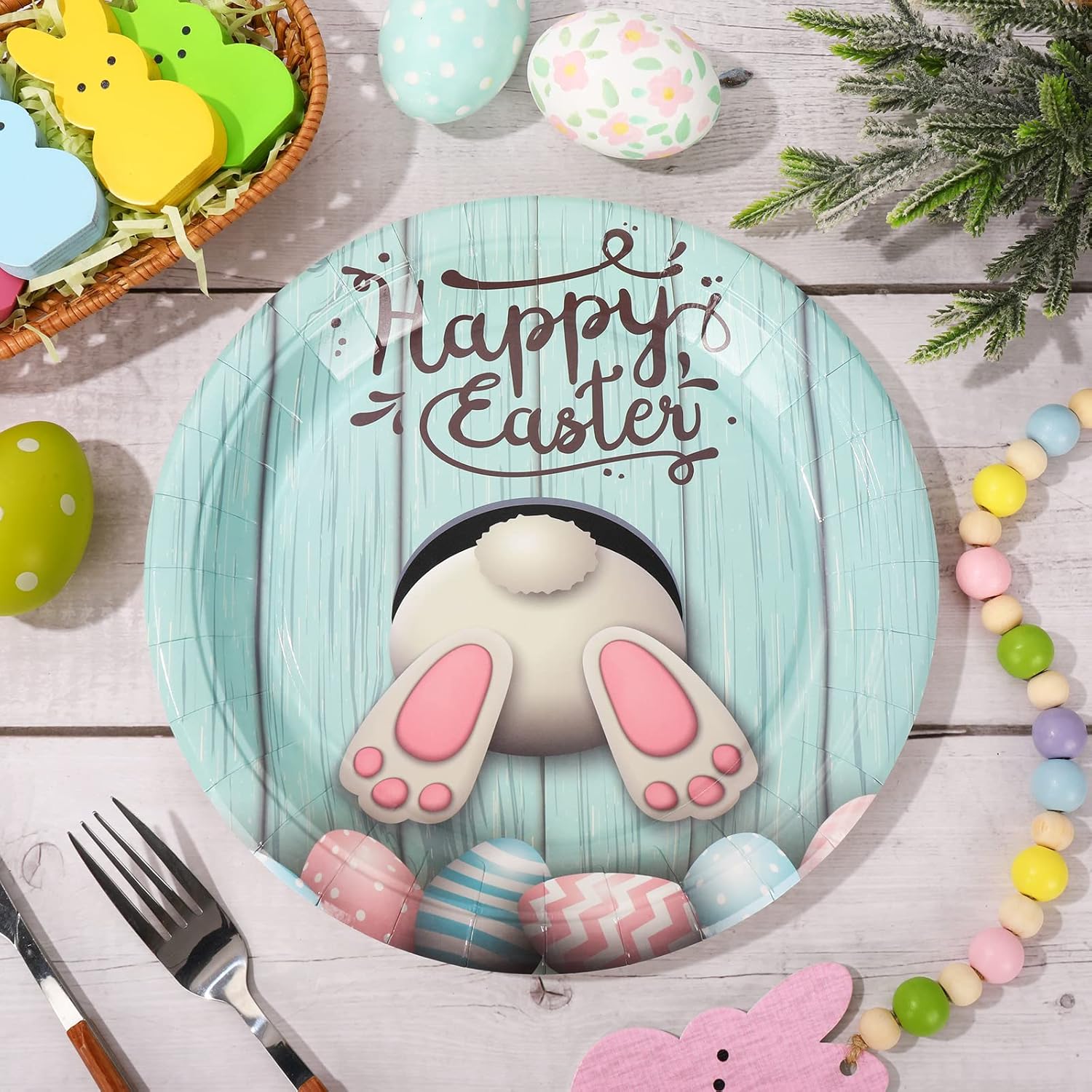Whaline Easter Paper Plates Happy Easter Round Disposable Plates 9 Inch Cute Egg Bunny Decorative Tableware for Birthday Party Supplies Table Decorations, 24Pcs