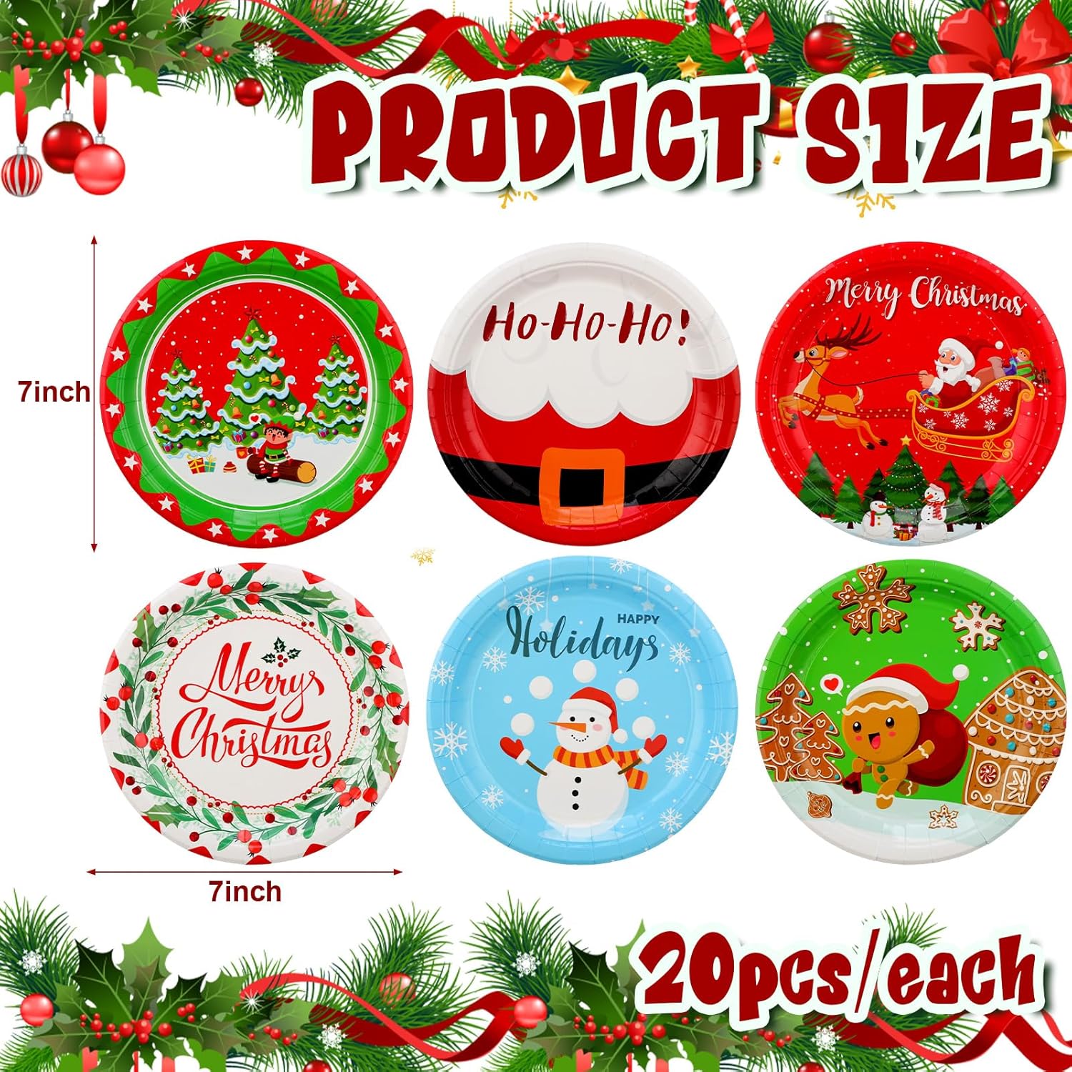 Sliner 120 Pcs Christmas Plates Paper Dessert Disposable Plates Santa Snowman Christmas Wreath Reindeer Gingerbread Man Design, for Christmas Party Supplies Christmas Decorations, 6 Styles(7 Inch)