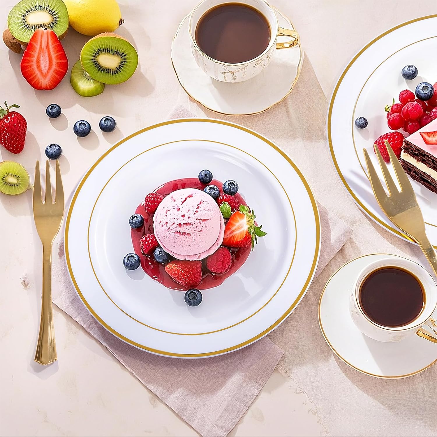 WELLIFE 60 PCS Gold Plastic Dessert Plates and 60 PCS Forks, 6.3 inch Disposable Salad Plates, Premium White Appetizer Plates with Gold Rims, Perfect for Party and Christmas